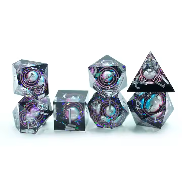 A set of black polyhedral dice with intricate white arcane-style designs and holographic accents. Each die features ornate runes and mystical patterns around the numbers.